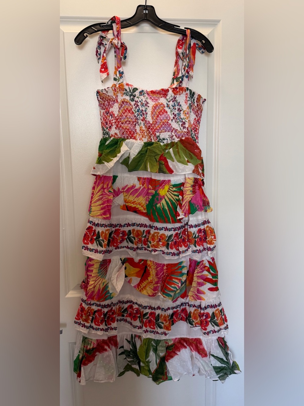 FARM Rio White Multi Tropical Tiered Midi Dress